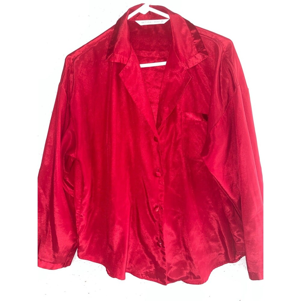 Vintage Victoria Secret Women’s sz S Red Satin Sleep Shirt Long sleeve button